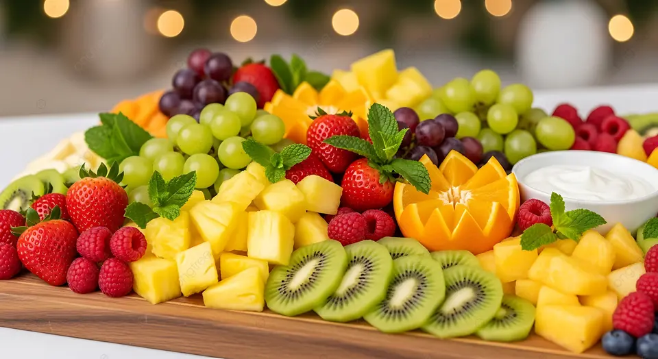 Fresh seasonal produce arranged on a wooden board