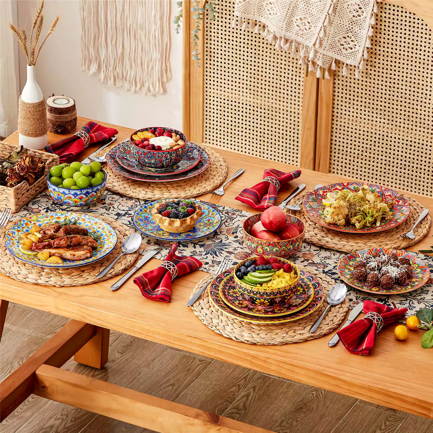 Three colorful grain bowls arranged on a linen tablecloth